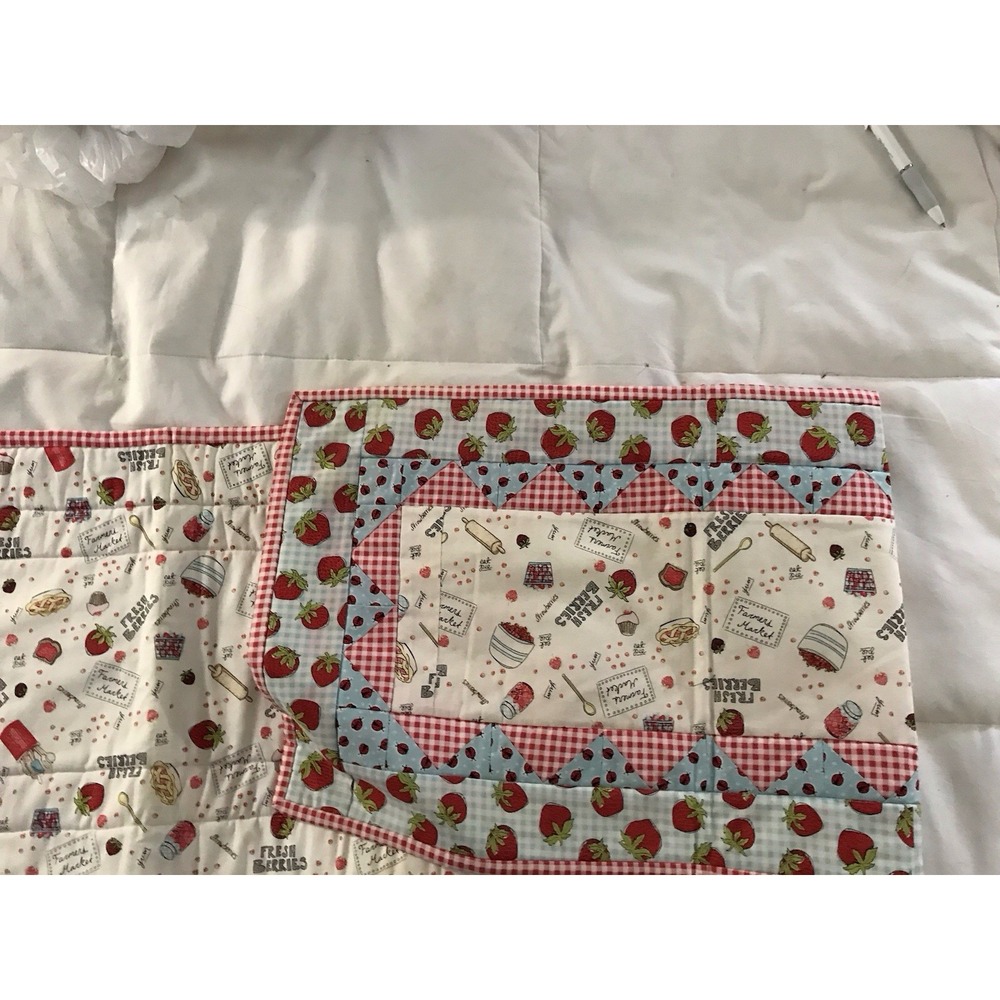 Christmas Handmade Table Runner 50" X 13" Berry Pattern One Side Has Border